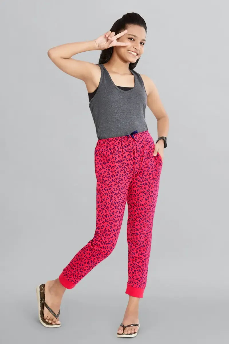 Girl's Cotton Hosiery Printed Track Pant - Rosewood - View 3