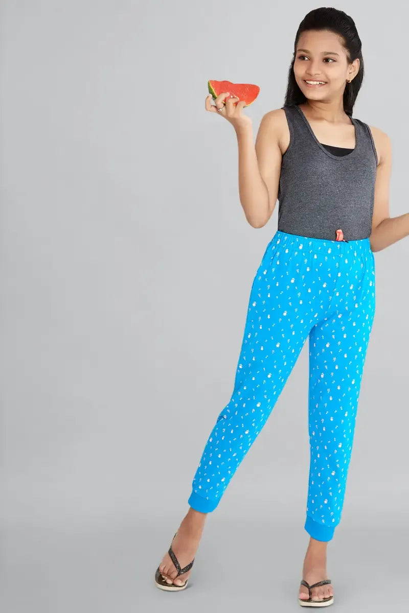 Girl's Cotton Hosiery Printed Track Pant - Blue - View 2