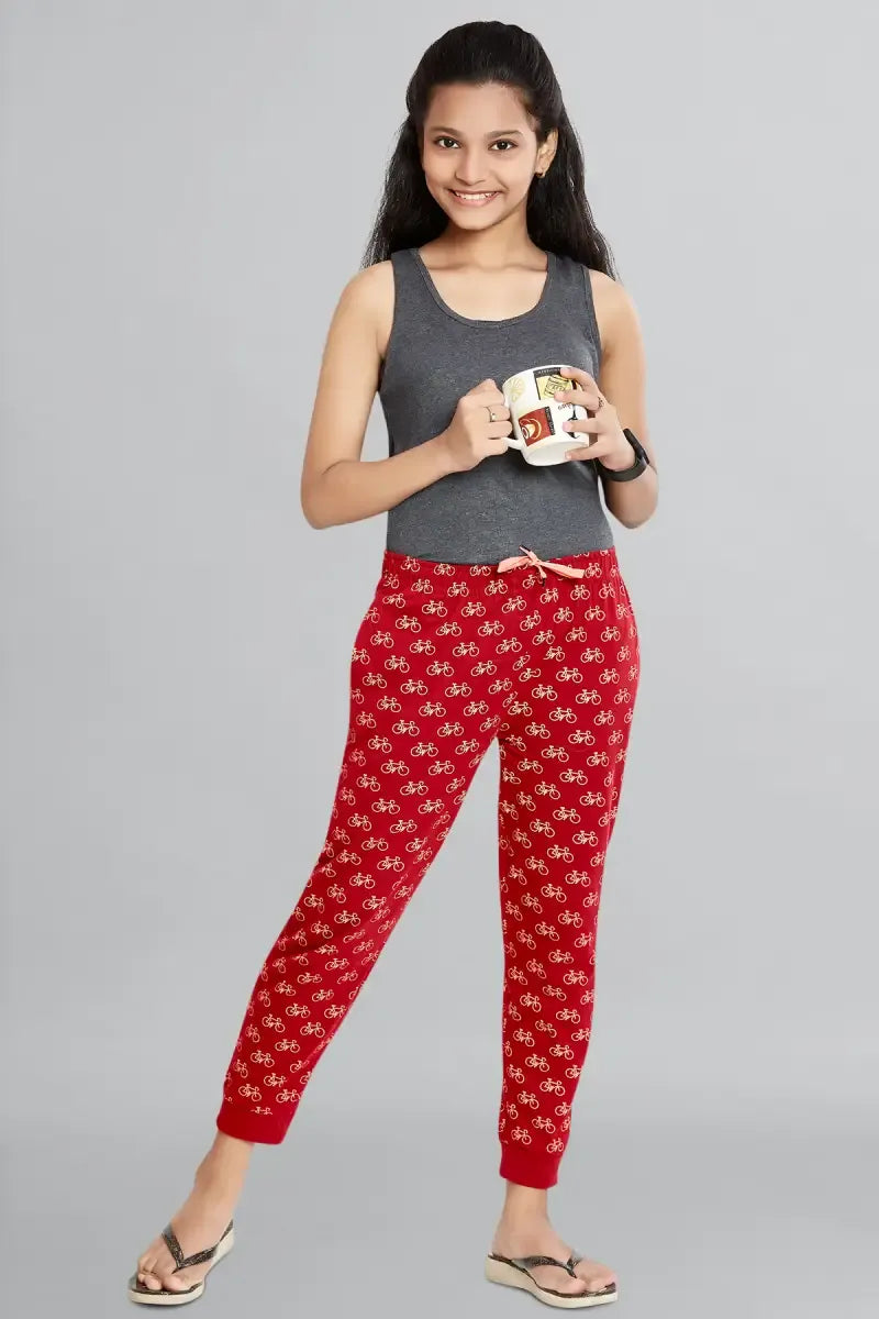 Girl's Cotton Hosiery Printed Track Pant - Maroon - View 2