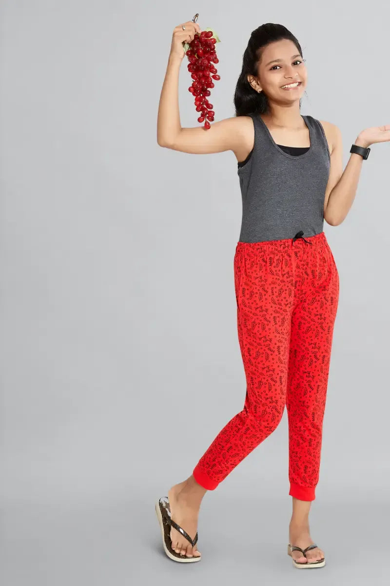 Girl's Cotton Hosiery Printed Track Pant - Red - View 2