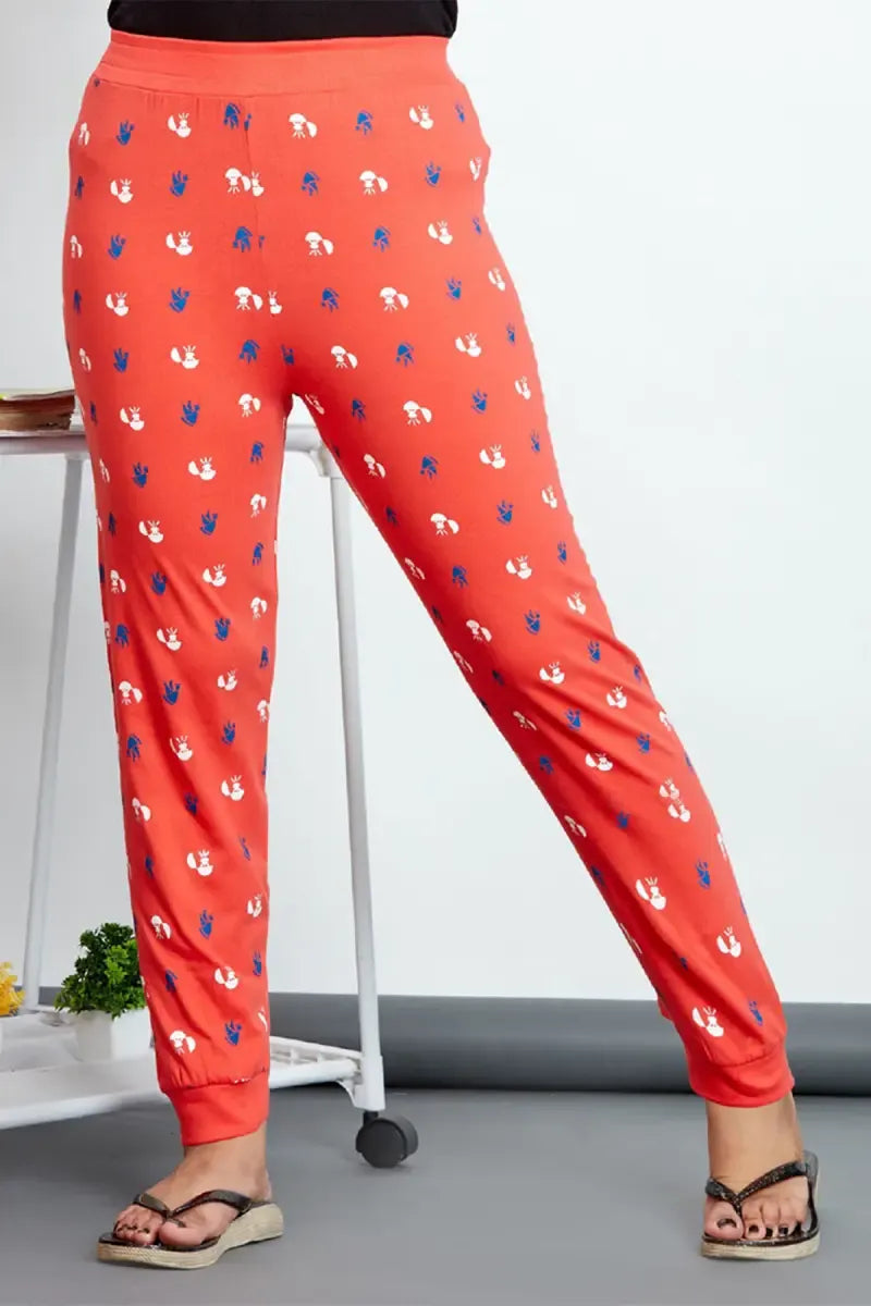 Girl's Cotton Hosiery Printed Track Pant - Orange - View 1