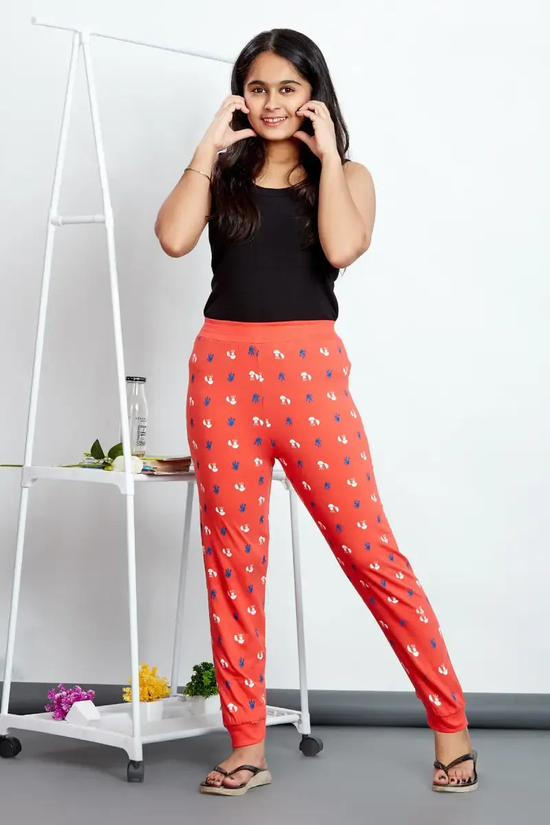 Girl's Cotton Hosiery Printed Track Pant - Orange - View 3