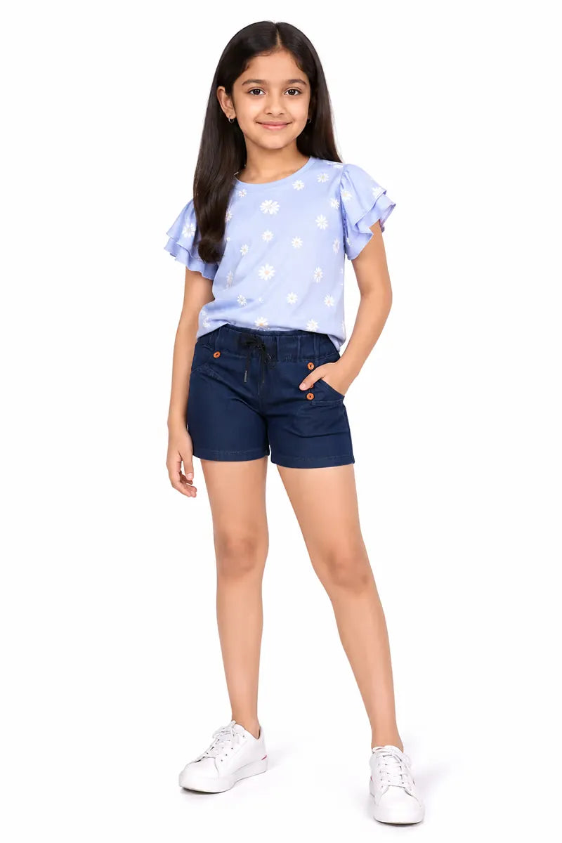 Girl's Denim Solid Shorts - Dark Blue - View 4