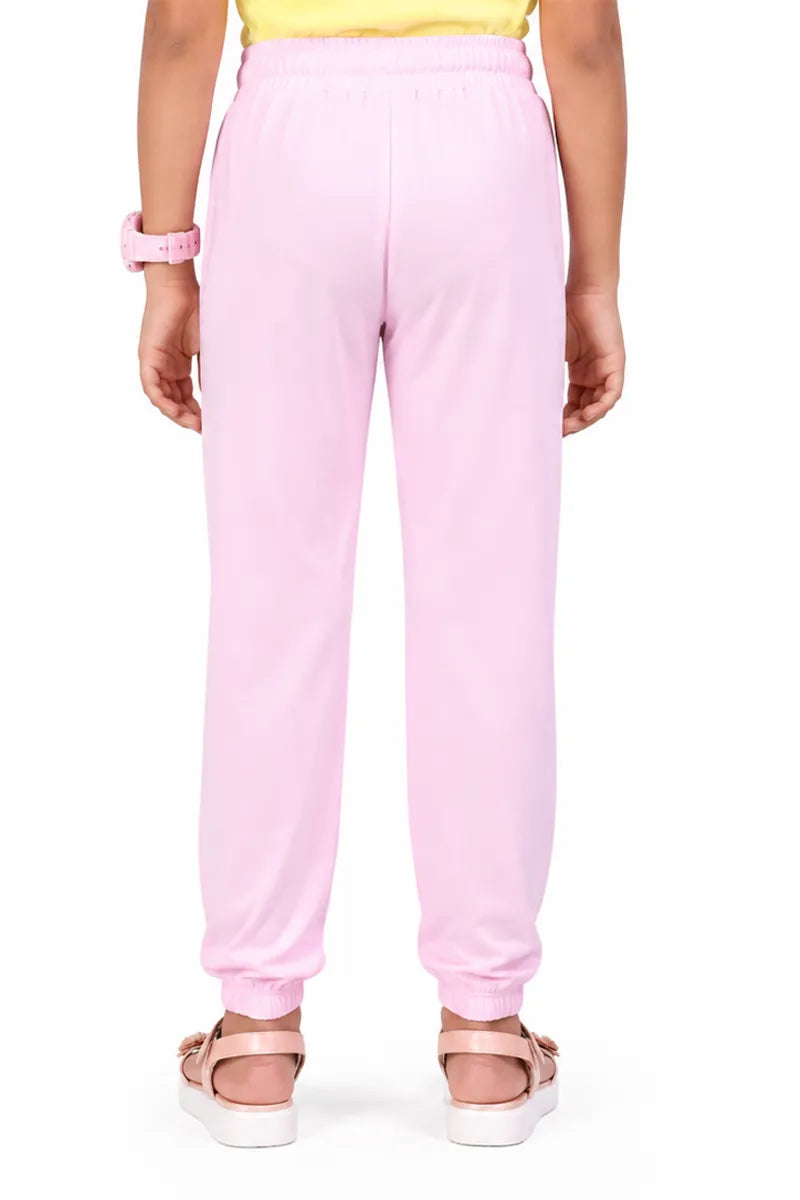 Girl's Cotton Blend Solid Pattern Joggers - Baby Pink - View 3