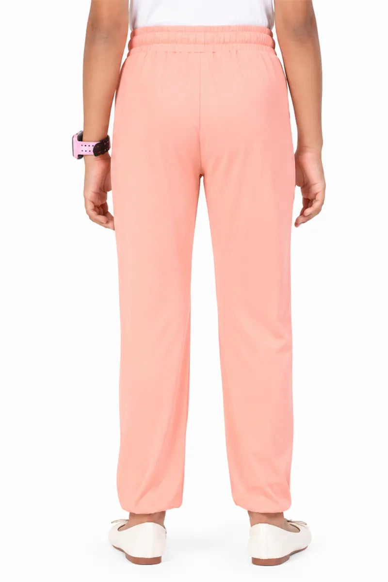Girl's Cotton Blend Solid Pattern Joggers - Peach - View 15