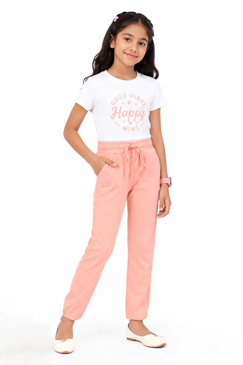 Girl's Cotton Blend Solid Pattern Joggers - Peach - View 16