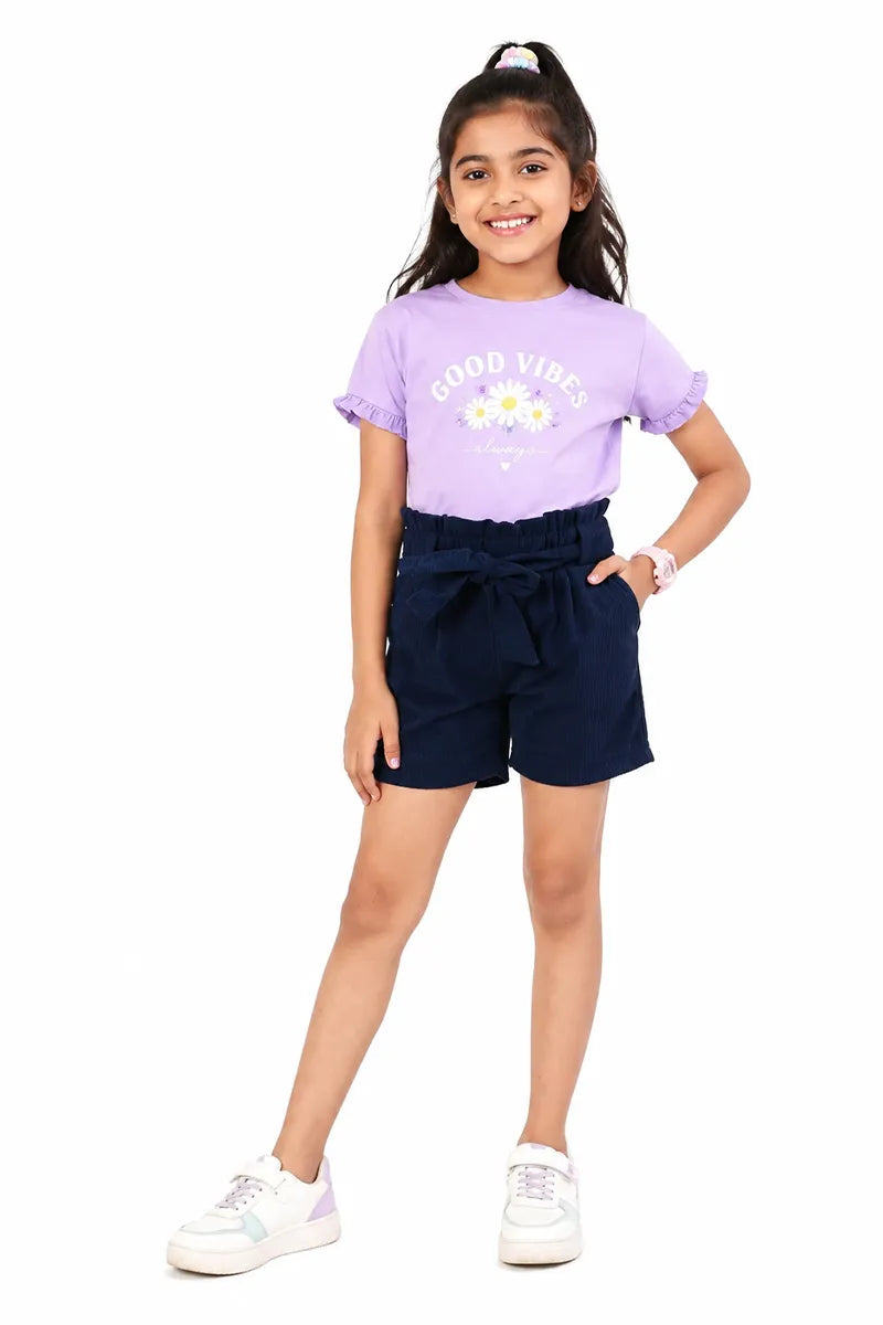 Girl's Corduroy Solid Shorts - Navy Blue - View 16