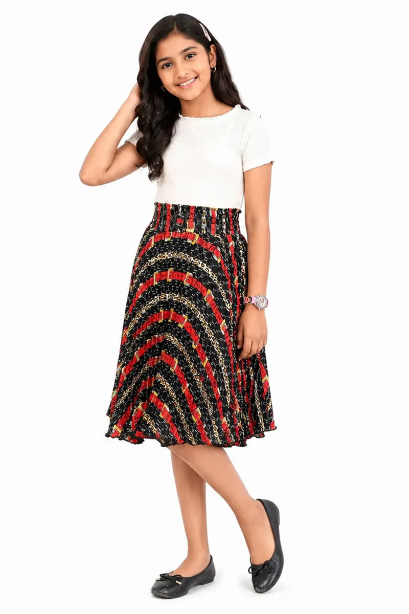 Girl's Cotton Crepe Printed Skirt - Red - View 8