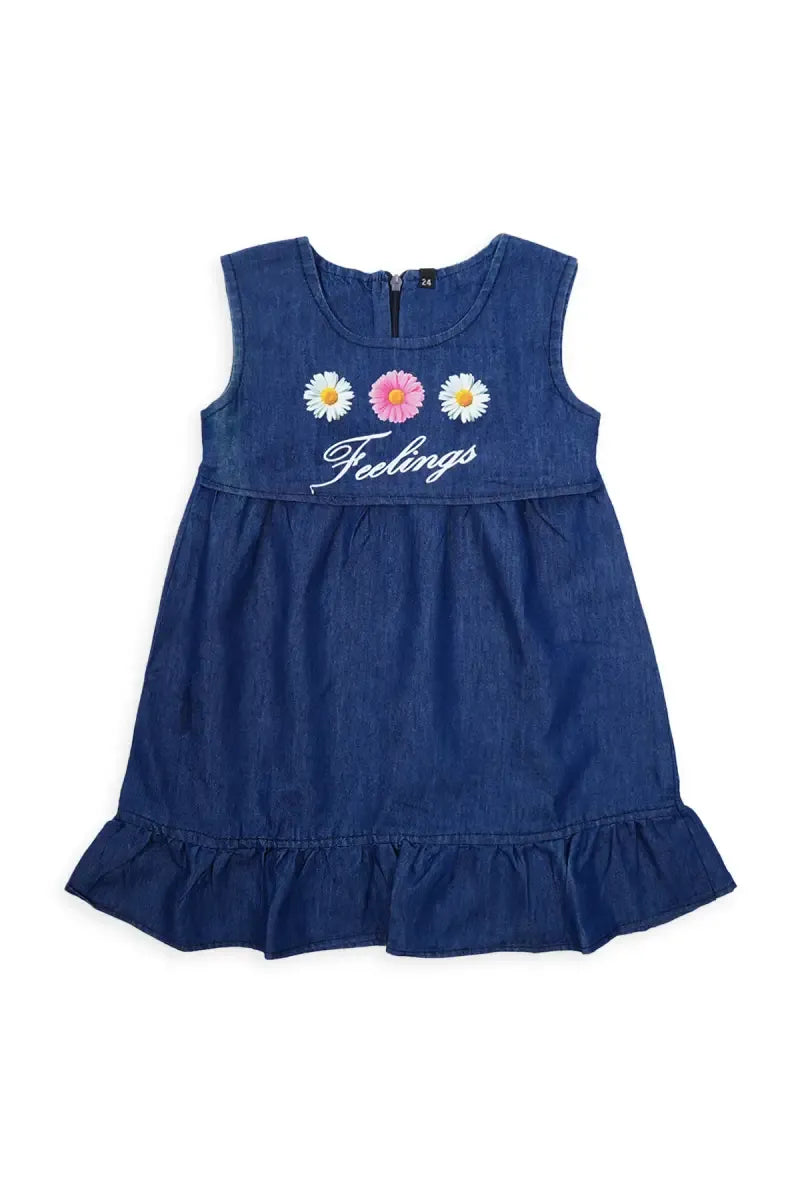 Denim Printed Frock for Girls - Navy Blue - View 3