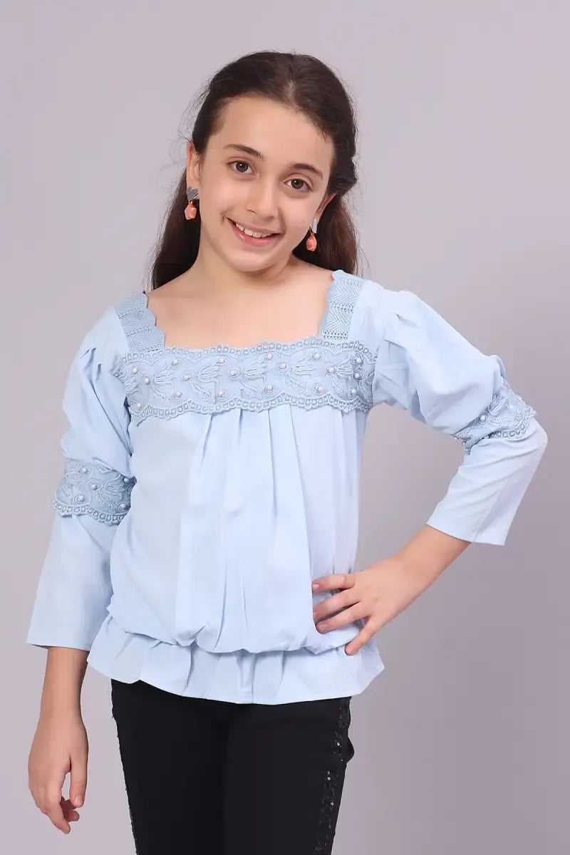 Girl's Polyester Embroidered Top - Blue - View 6