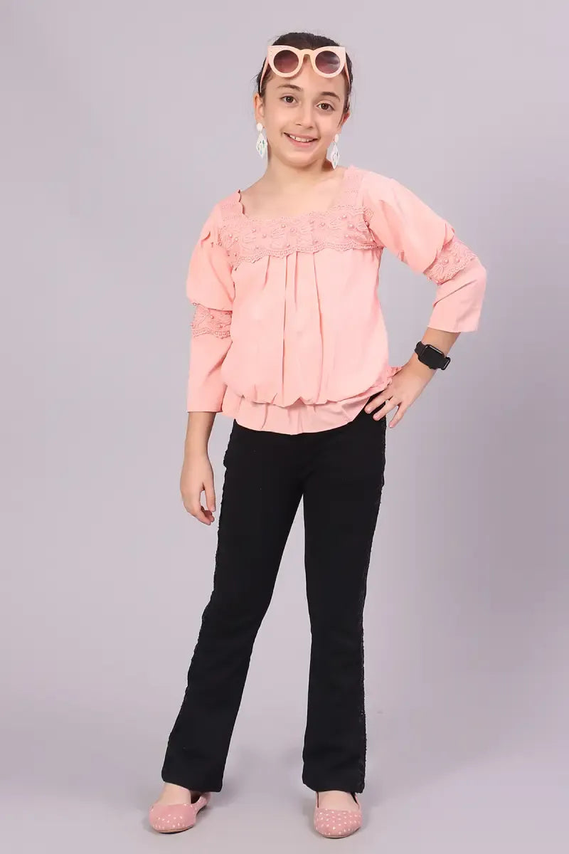 Girl's Polyester Embroidered Top - Peach - View 13