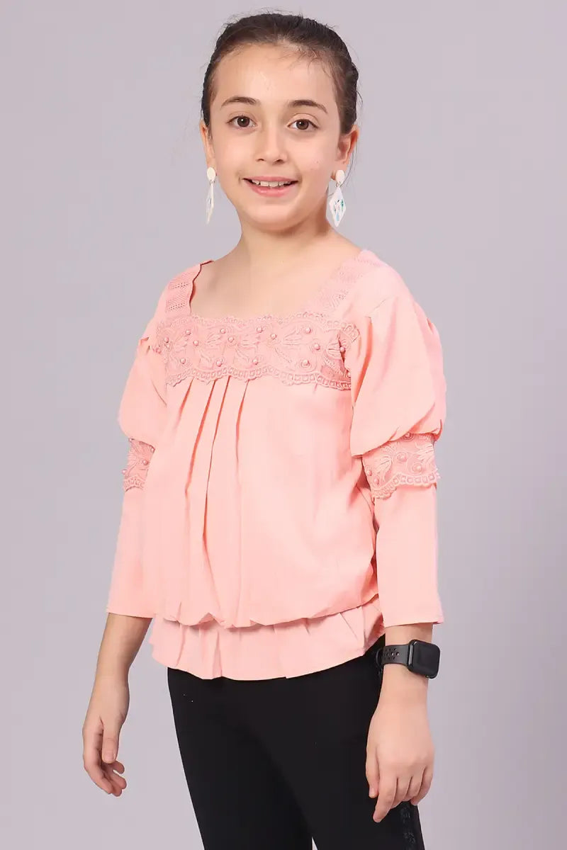 Girl's Polyester Embroidered Top - Peach - View 14