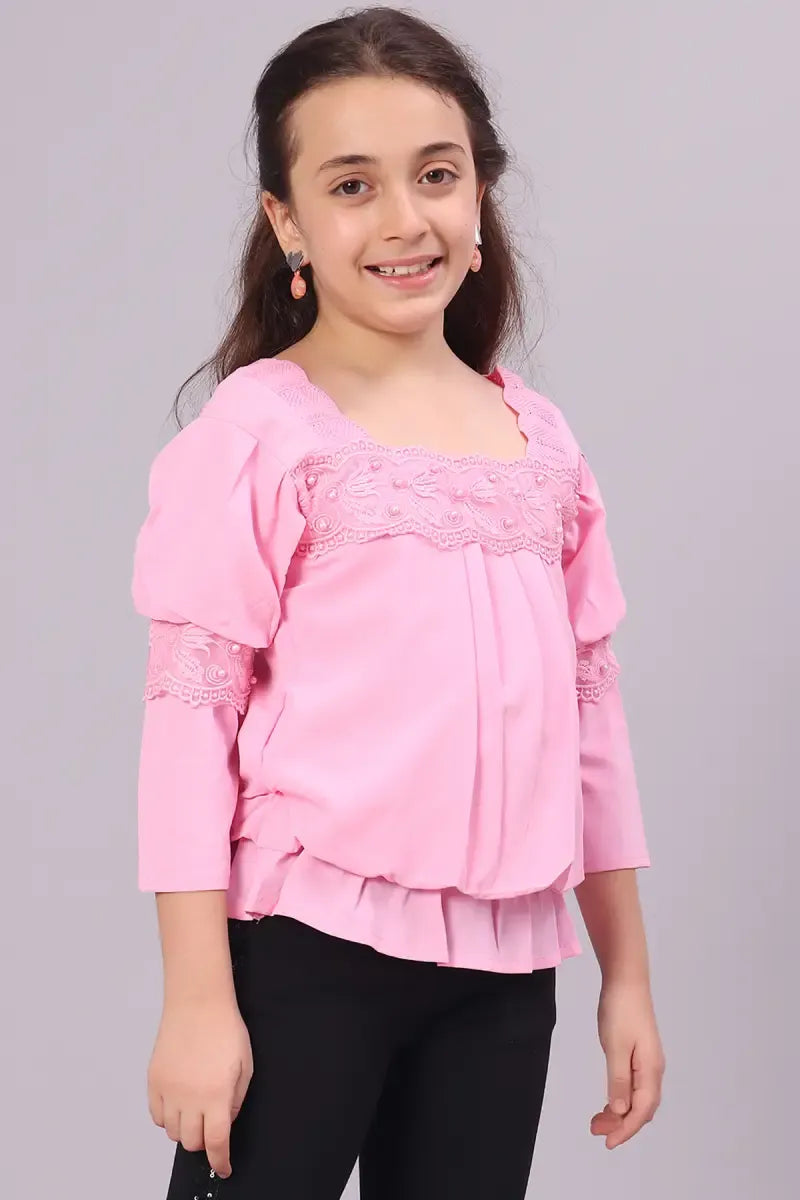 Girl's Polyester Embroidered Top - Pink - View 20