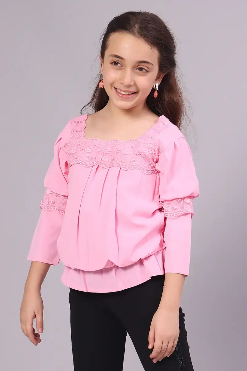 Girl's Polyester Embroidered Top - Pink - View 21