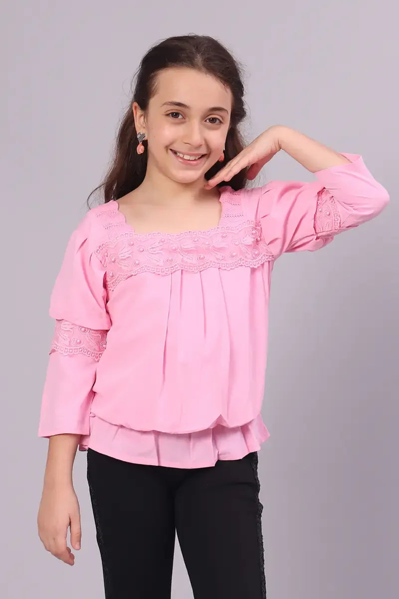 Girl's Polyester Embroidered Top - Pink - View 24
