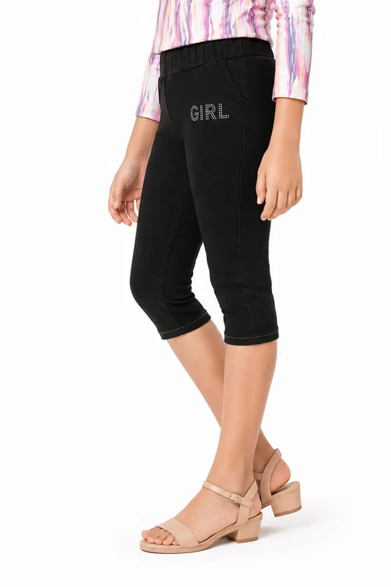 Girl's Denim Solid Capri - Black - View 2