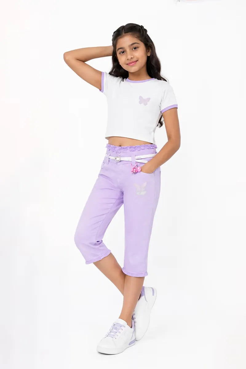Girl's Denim Solid Capri Pants with Pockets - Lavender - View 4