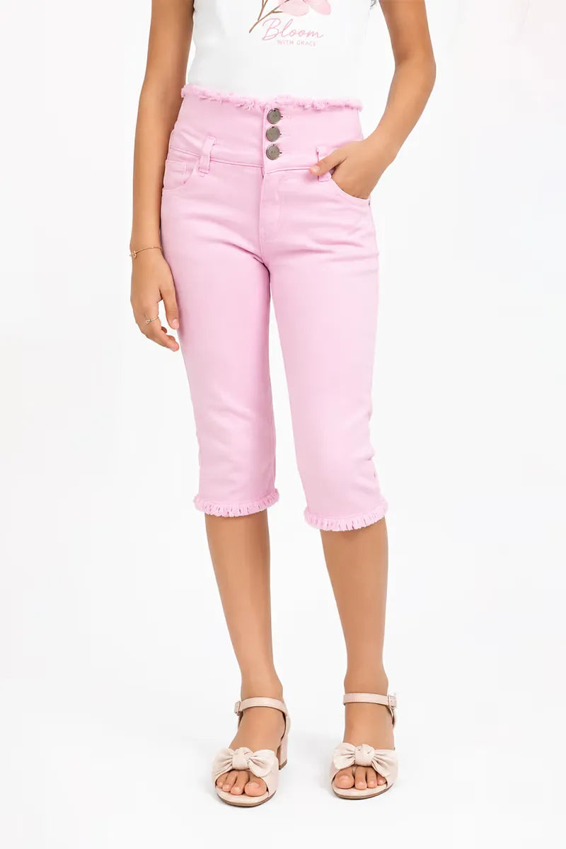 Girl's Denim Solid Capri - Pink - View 1