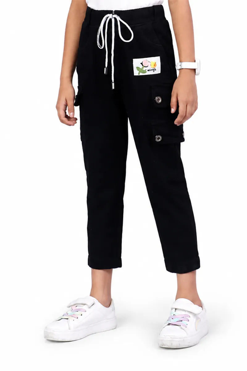Girl's Denim Solid Joggers - Black - View 1