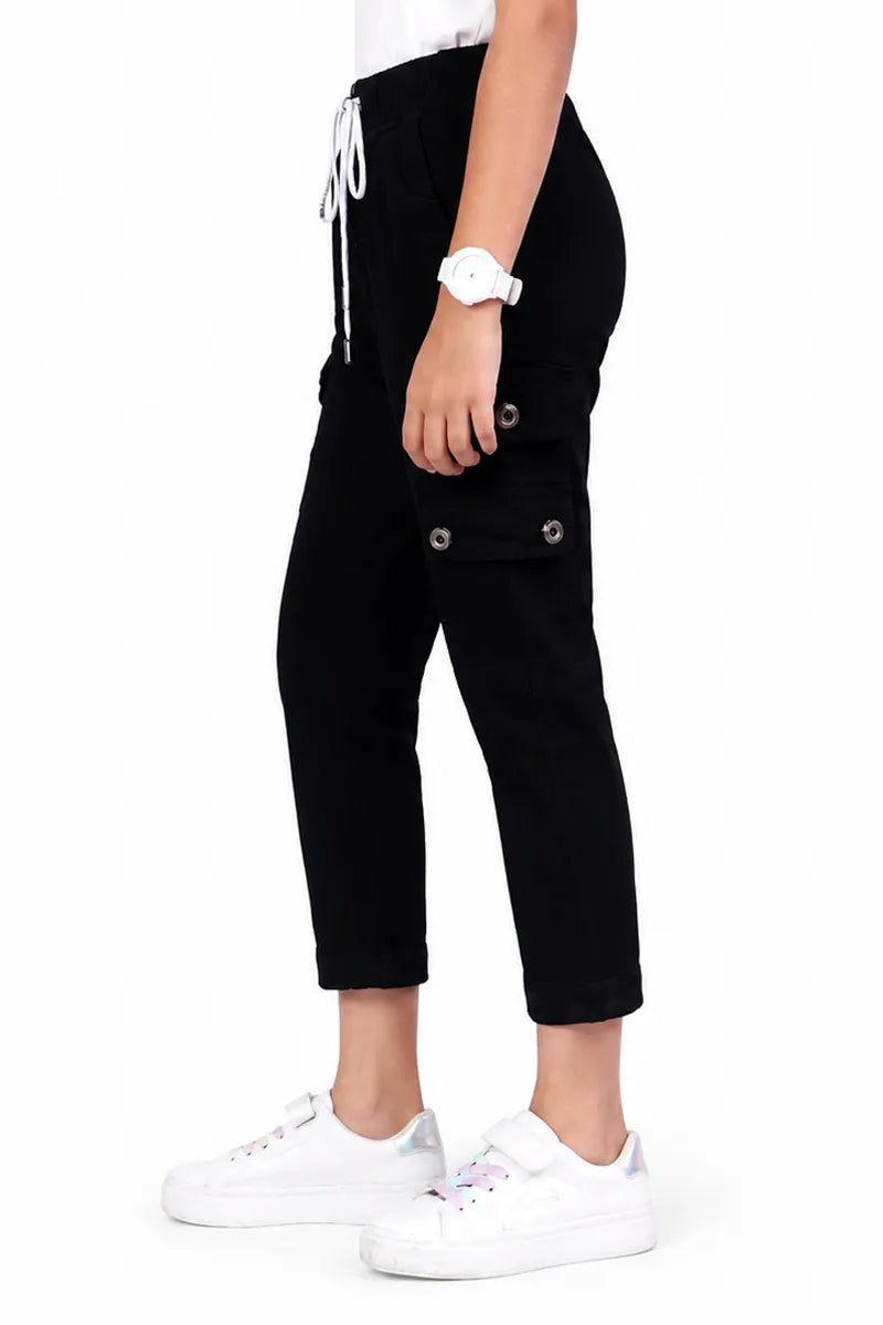 Girl's Denim Solid Joggers - Black - View 2