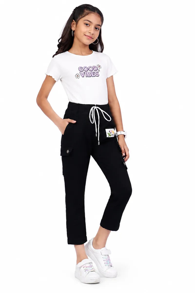 Girl's Denim Solid Joggers - Black - View 4
