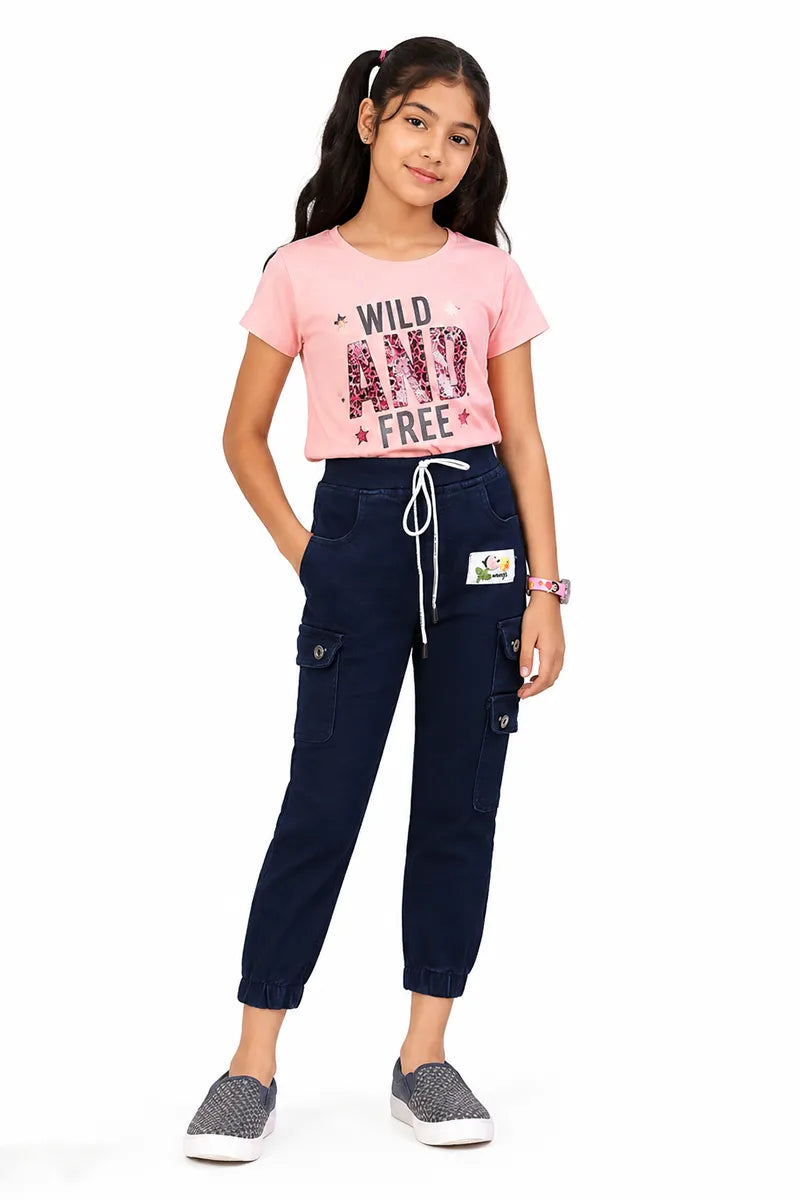 Girl's Denim Solid Joggers - Dark Blue - View 8