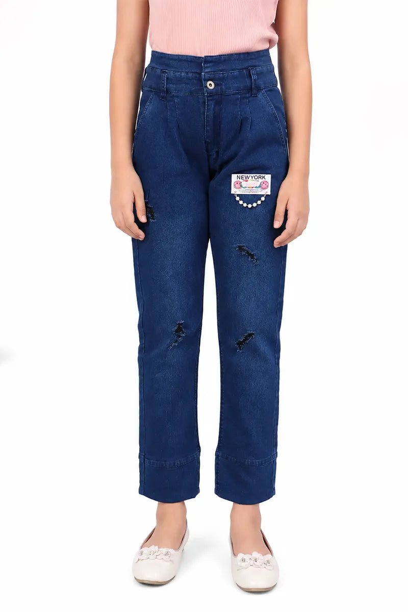Denim Solid High Rise Jeans for Girls - Dark Blue - View 5