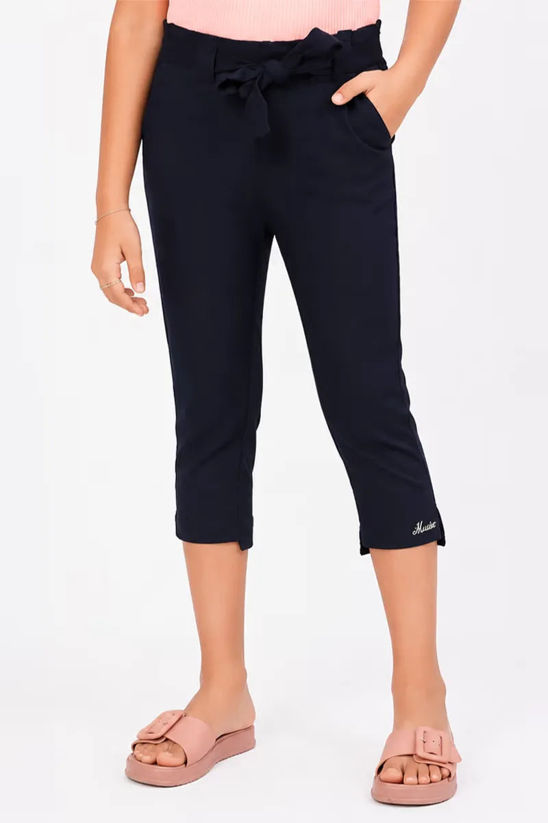 Girl's Cotton Lycra Blend Solid Capri - Navy Blue - View 9