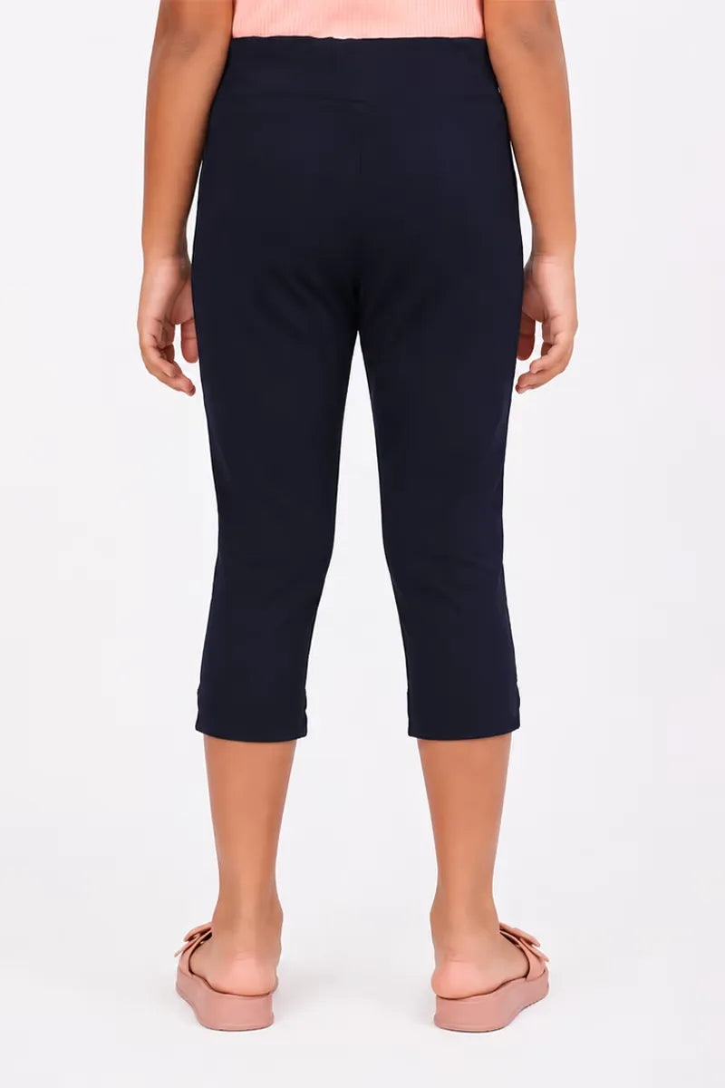 Girl's Cotton Lycra Blend Solid Capri - Navy Blue - View 11