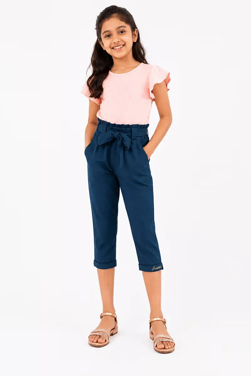 Girl's Cotton Lycra Blend Solid Capri - Teal - View 20