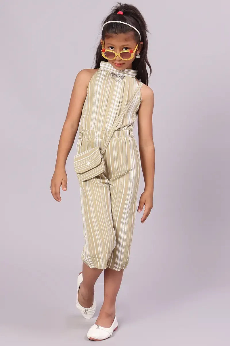 Girl's Polyester Striped Pattern Jumpsuit - Olive - View 1