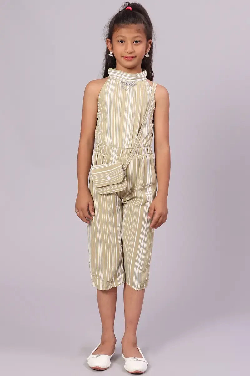 Girl's Polyester Striped Pattern Jumpsuit - Olive - View 6