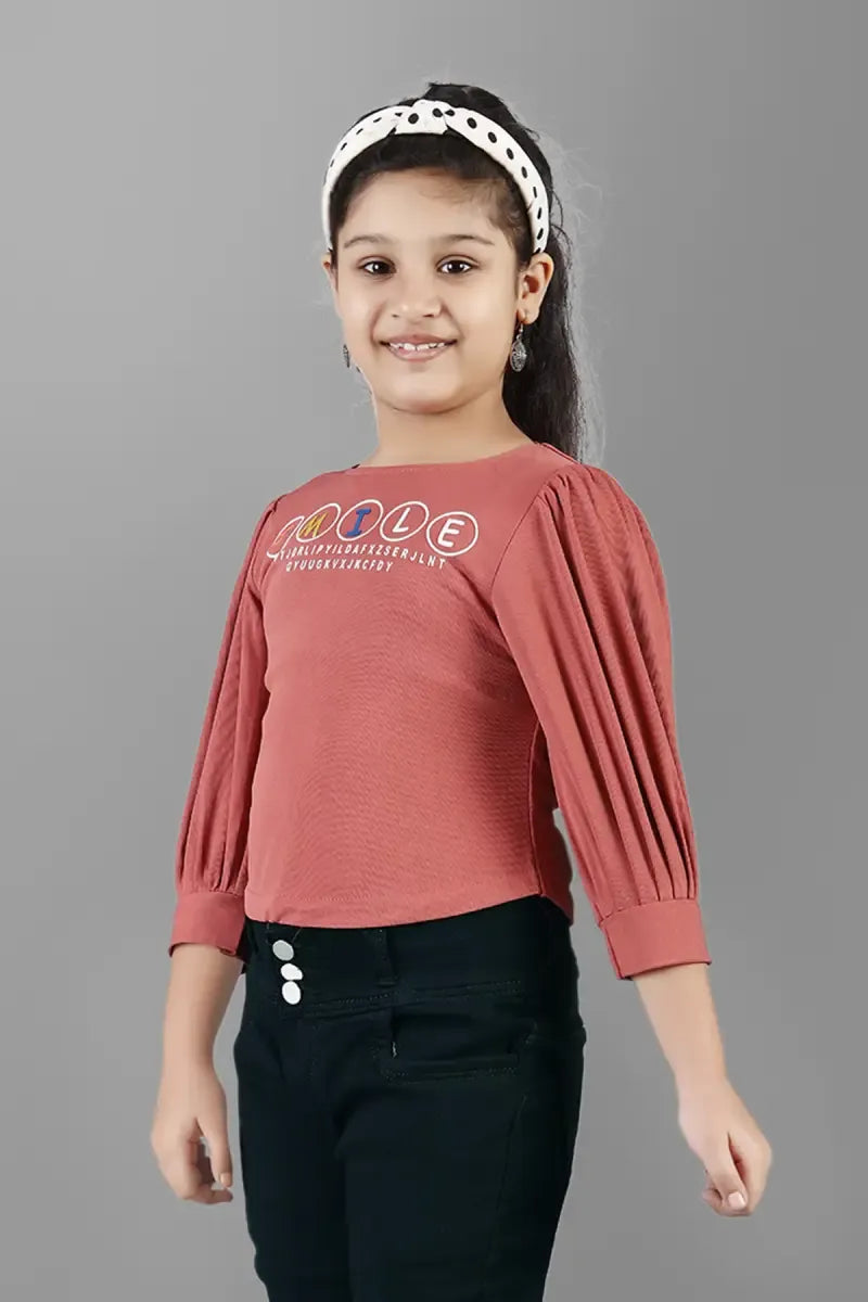 Girl's Cotton Lycra Blend Printed Top - Dusty Pink - View 4