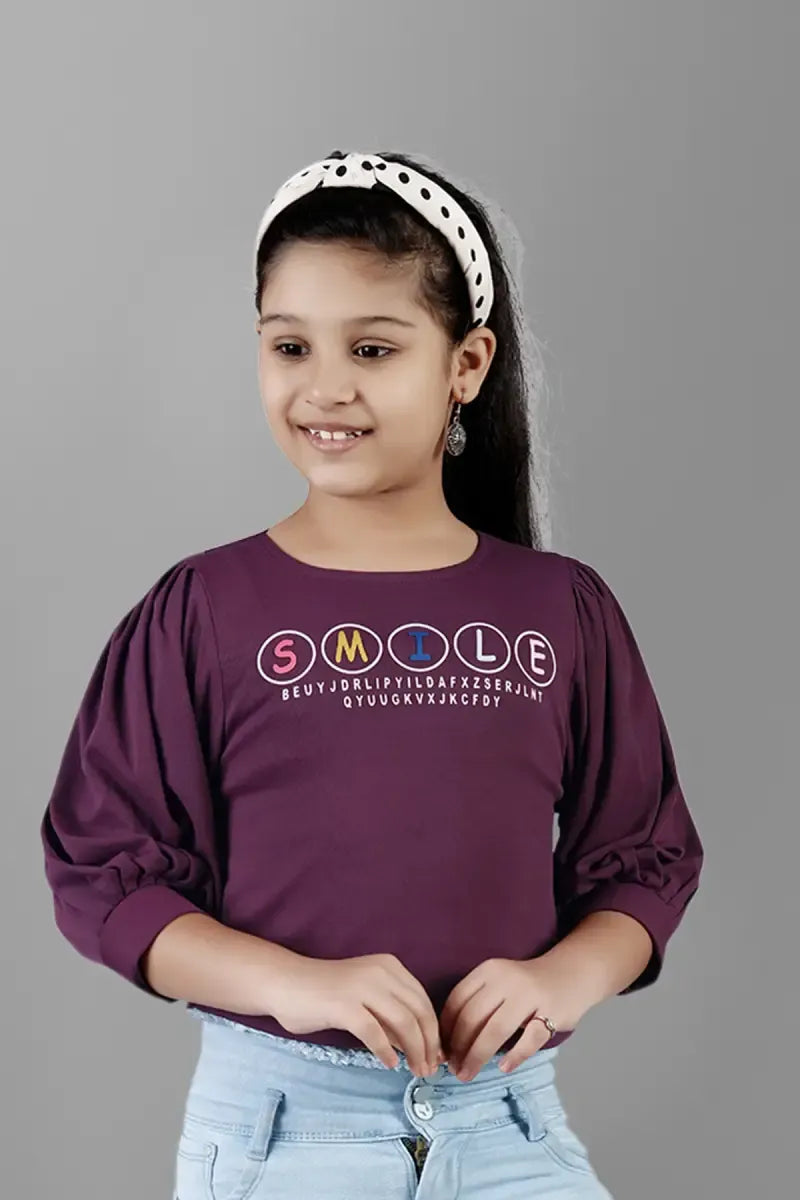 Girl's Cotton Lycra Blend Printed Top - Purple - View 6