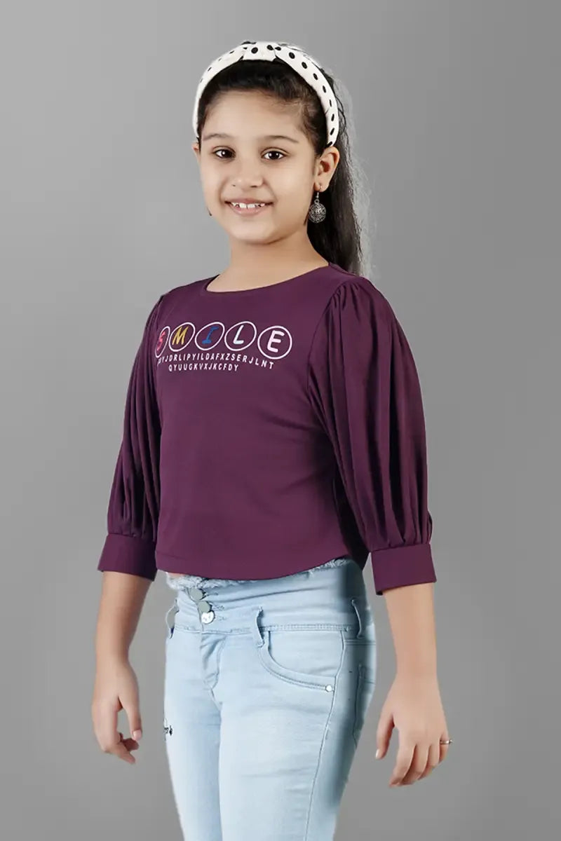Girl's Cotton Lycra Blend Printed Top - Purple - View 8