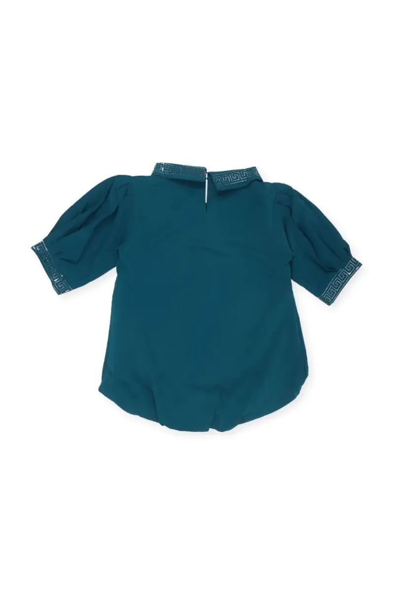Girl's Georgette Solid Peplum Top - Teal - View 3