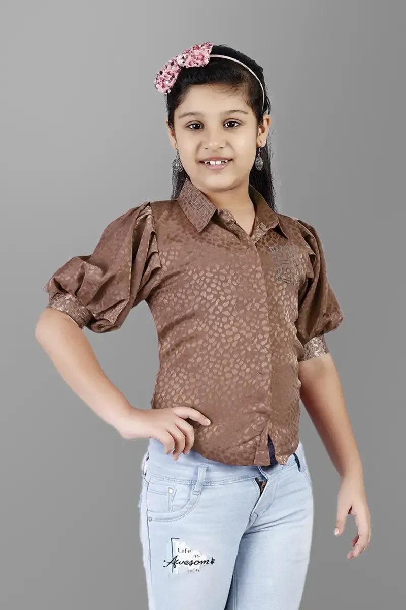 Girl's Georgette Printed Shirt Style Top - Brown - View 3
