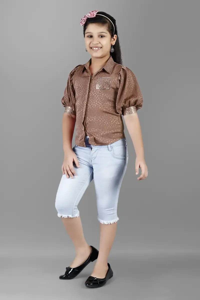 Girl's Georgette Printed Shirt Style Top - Brown - View 5