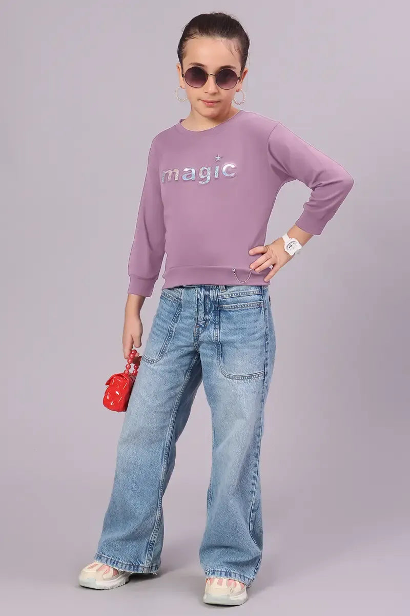Girl's Cotton Lycra Blend Embossed Top - Lavender - View 1