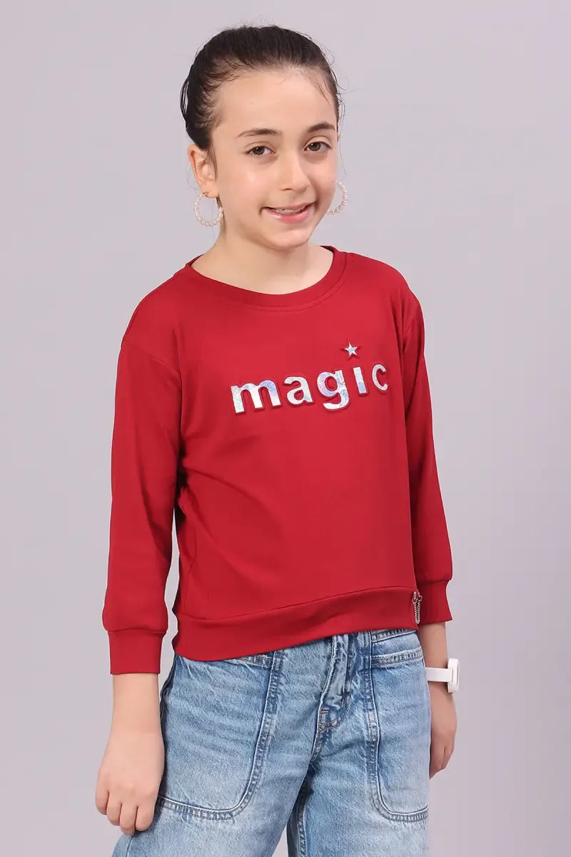 Girl's Cotton Lycra Blend Embossed Top - Maroon - View 8