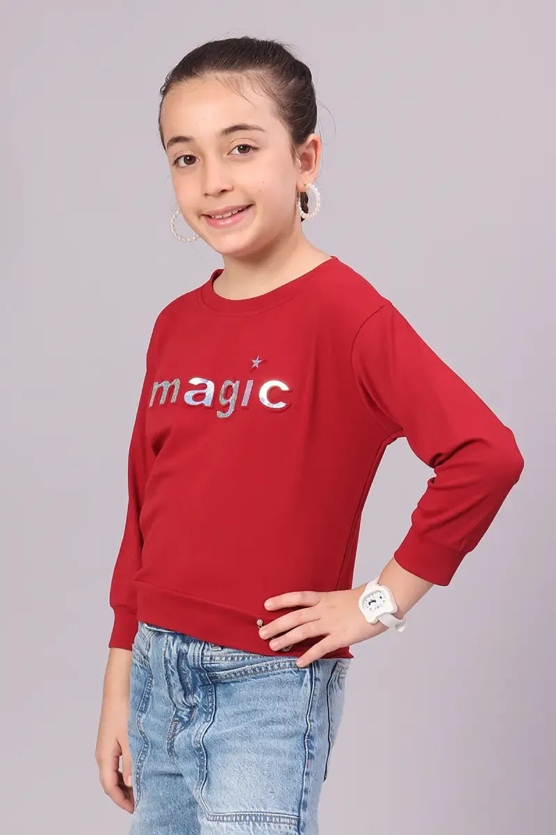Girl's Cotton Lycra Blend Embossed Top - Maroon - View 9