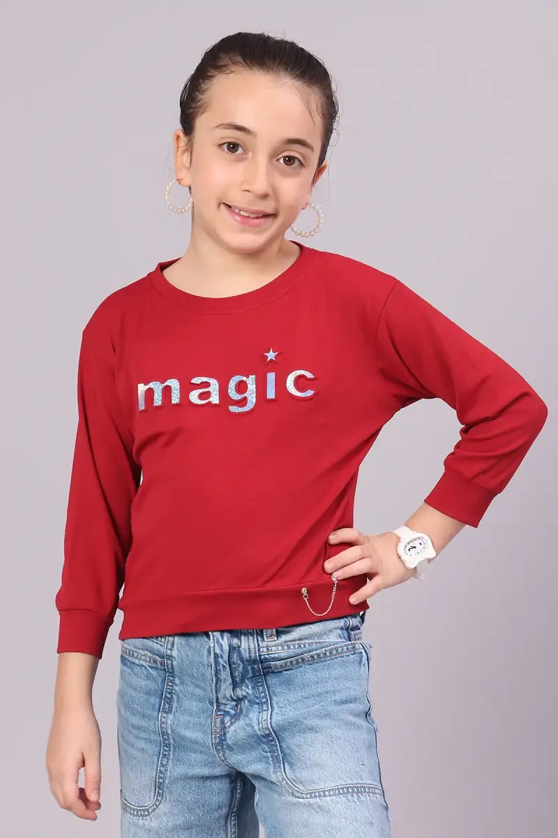 Girl's Cotton Lycra Blend Embossed Top - Maroon - View 12