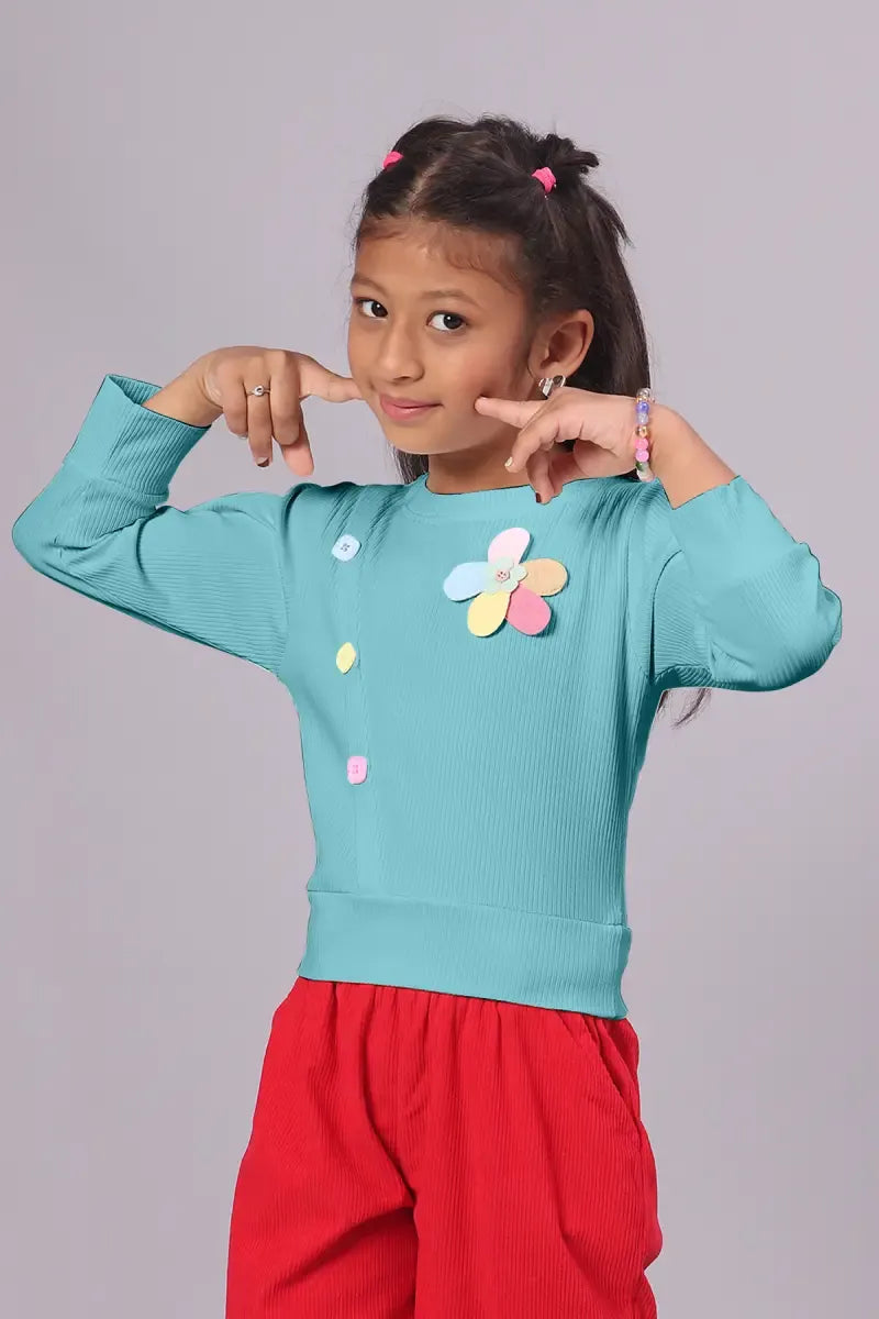 Girl's Corduroy Solid Top - Aqua - View 3