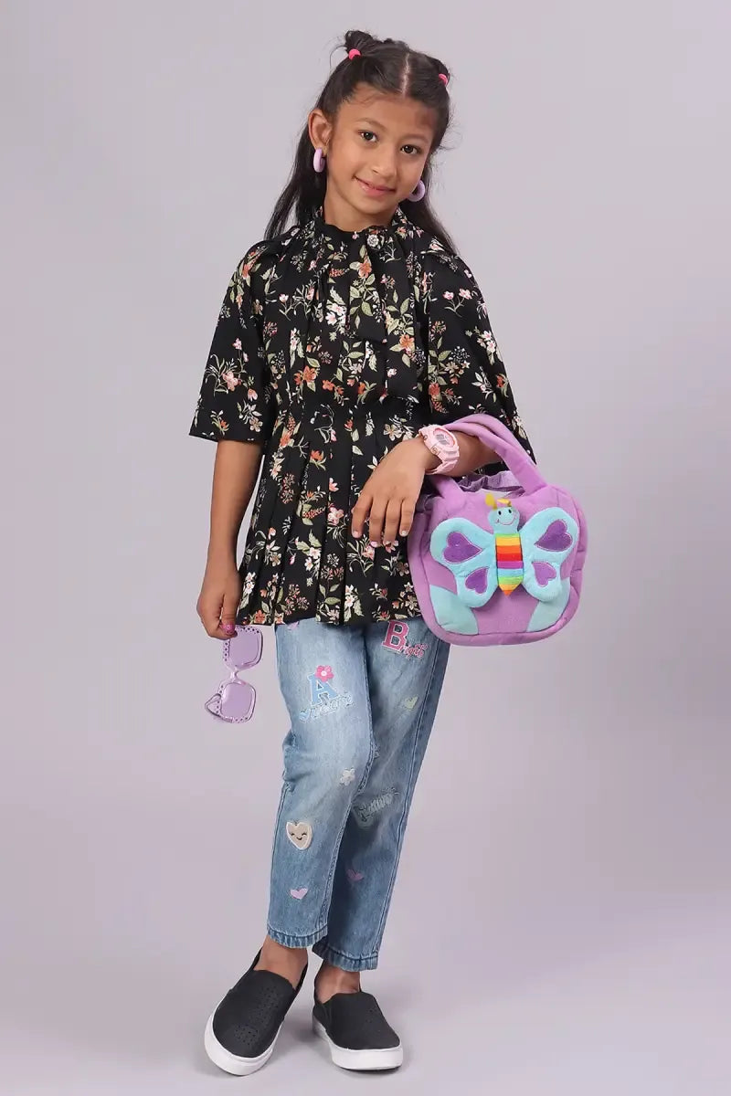 Girl's Georgette Printed Top - Black - View 1