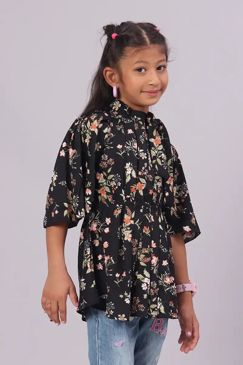 Girl's Georgette Printed Top - Black - View 2