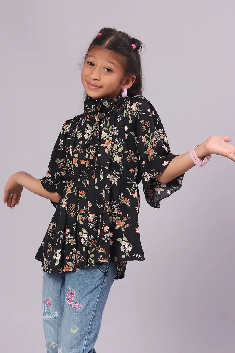 Girl's Georgette Printed Top - Black - View 3