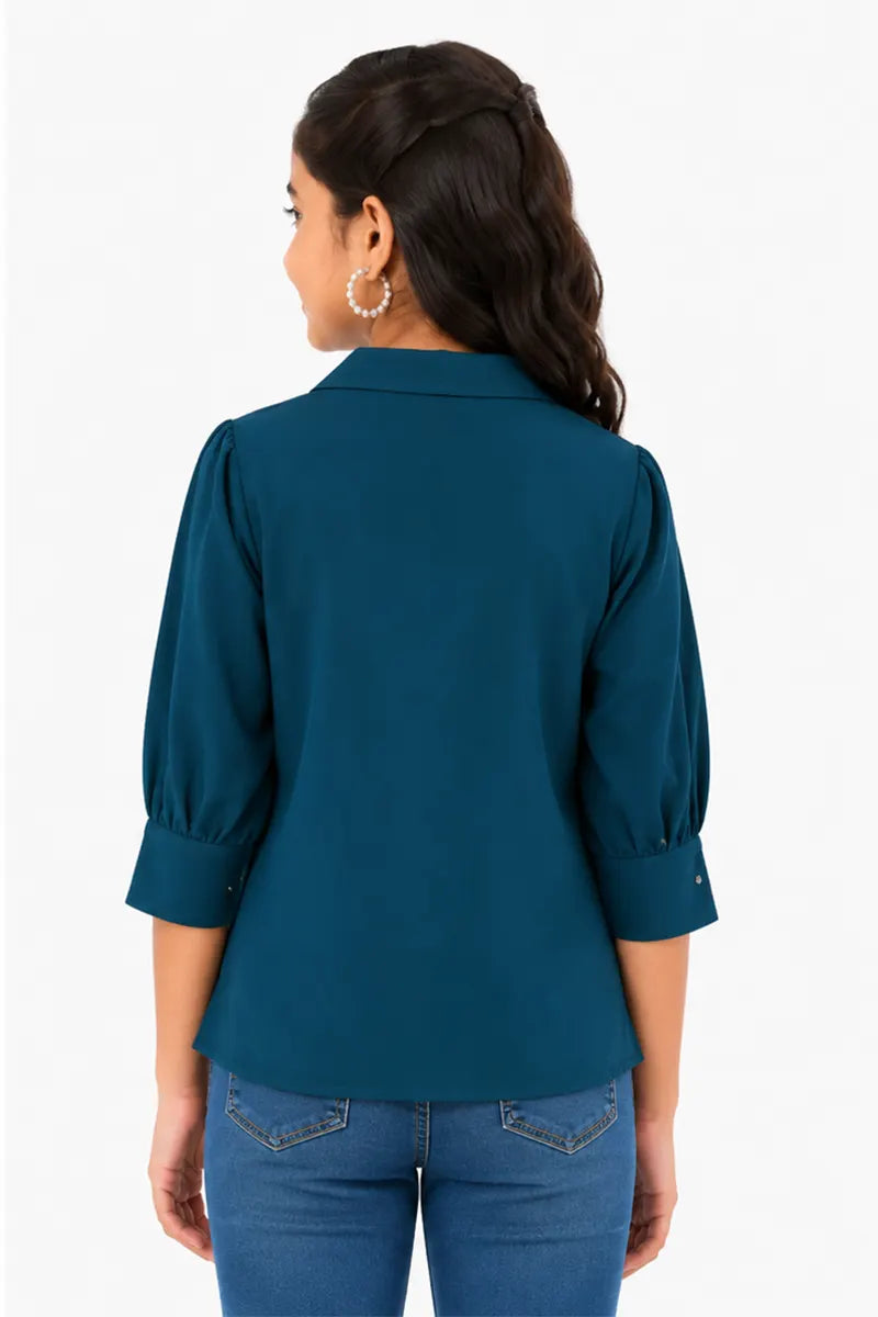 Girl's Georgette Solid Top - Teal - View 7