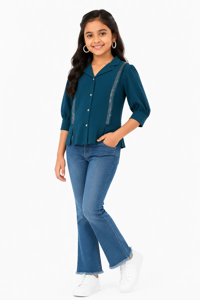 Girl's Georgette Solid Top - Teal - View 8
