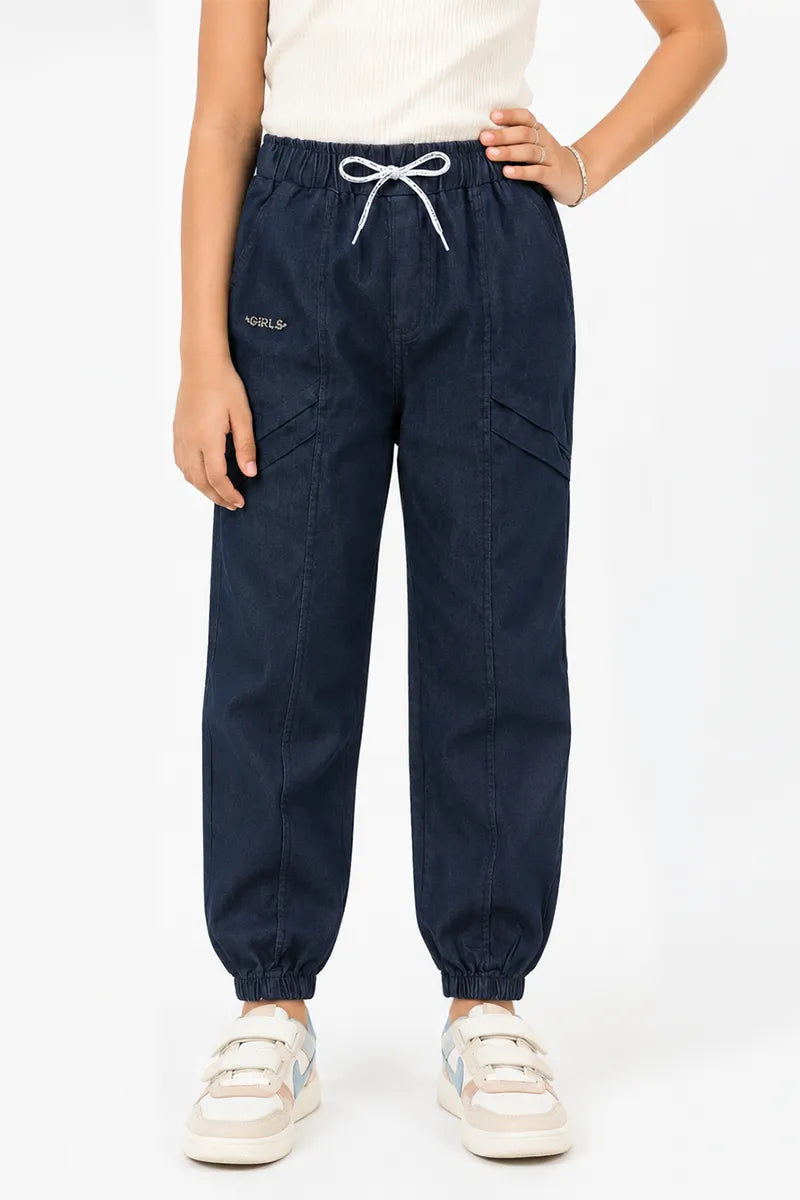 Girl's Denim Solid Jogger Pant - Navy Blue - View 1