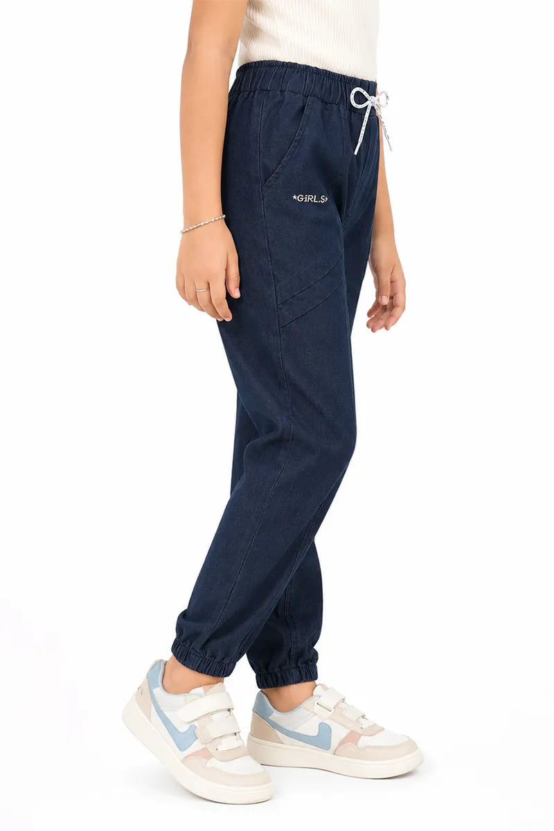 Girl's Denim Solid Jogger Pant - Navy Blue - View 2